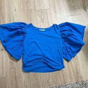 Zara Blue Flutter Sleeve Ruffled Blouse